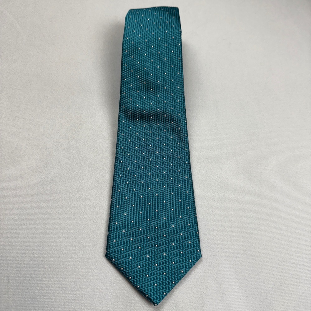VTG Turnbull & Asser Mens Silk Tie Teal Green White Micro Dot Clergy Estate Find